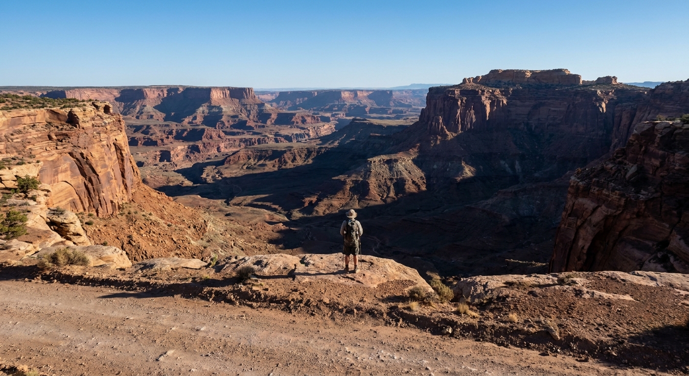 A person standing well back from the rim at Muley Point on Cedar Mesa, looking over deep desert canyons and distant buttes under clear afternoon light, real photograph