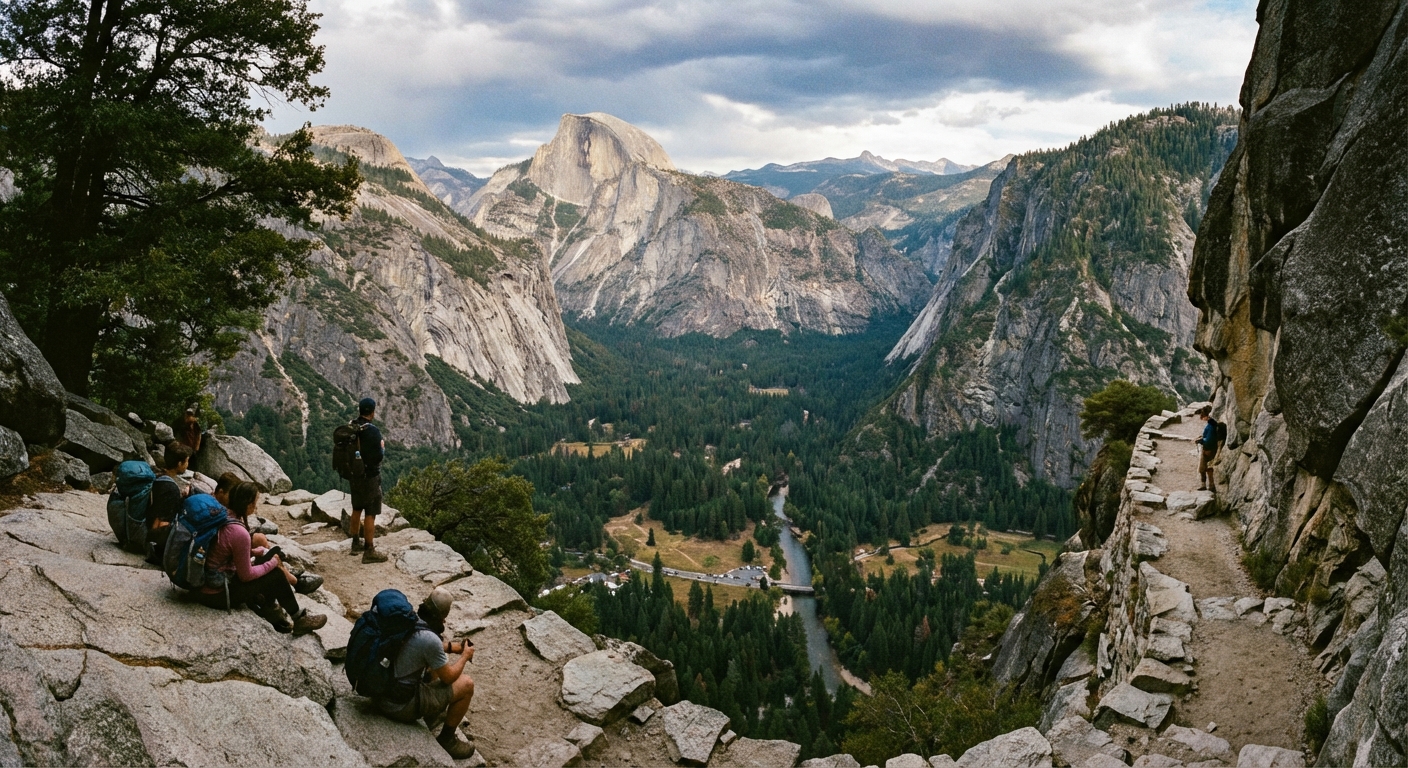 A photograph from a high overlook on the Upper Yosemite Falls trail showing Yosemite Valley far below, with hikers resting beside a granite switchback and Half Dome visible in the distance