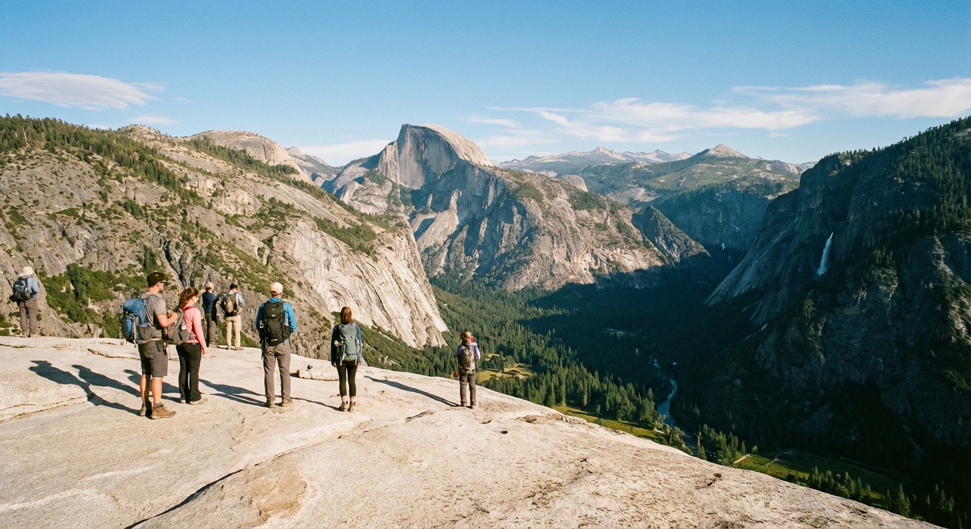 A photograph from the top of Sentinel Dome showing hikers standing on smooth granite with Half Dome and Yosemite Valley spread out below under clear skies