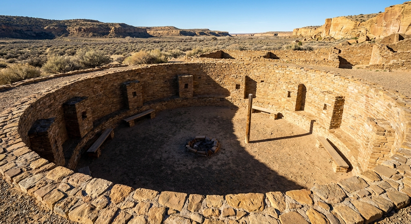 A photograph of Casa Rinconada at Chaco Culture National Historical Park showing the circular kiva walls and stonework under clear desert light