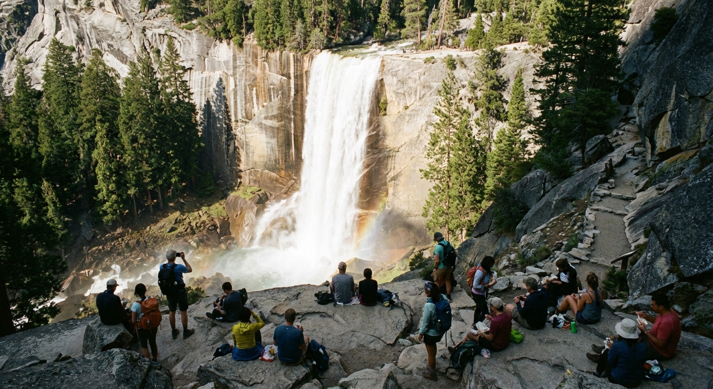 A photograph of Nevada Fall dropping in a long white curtain into the Merced River below, viewed from a rocky overlook with hikers resting in the foreground