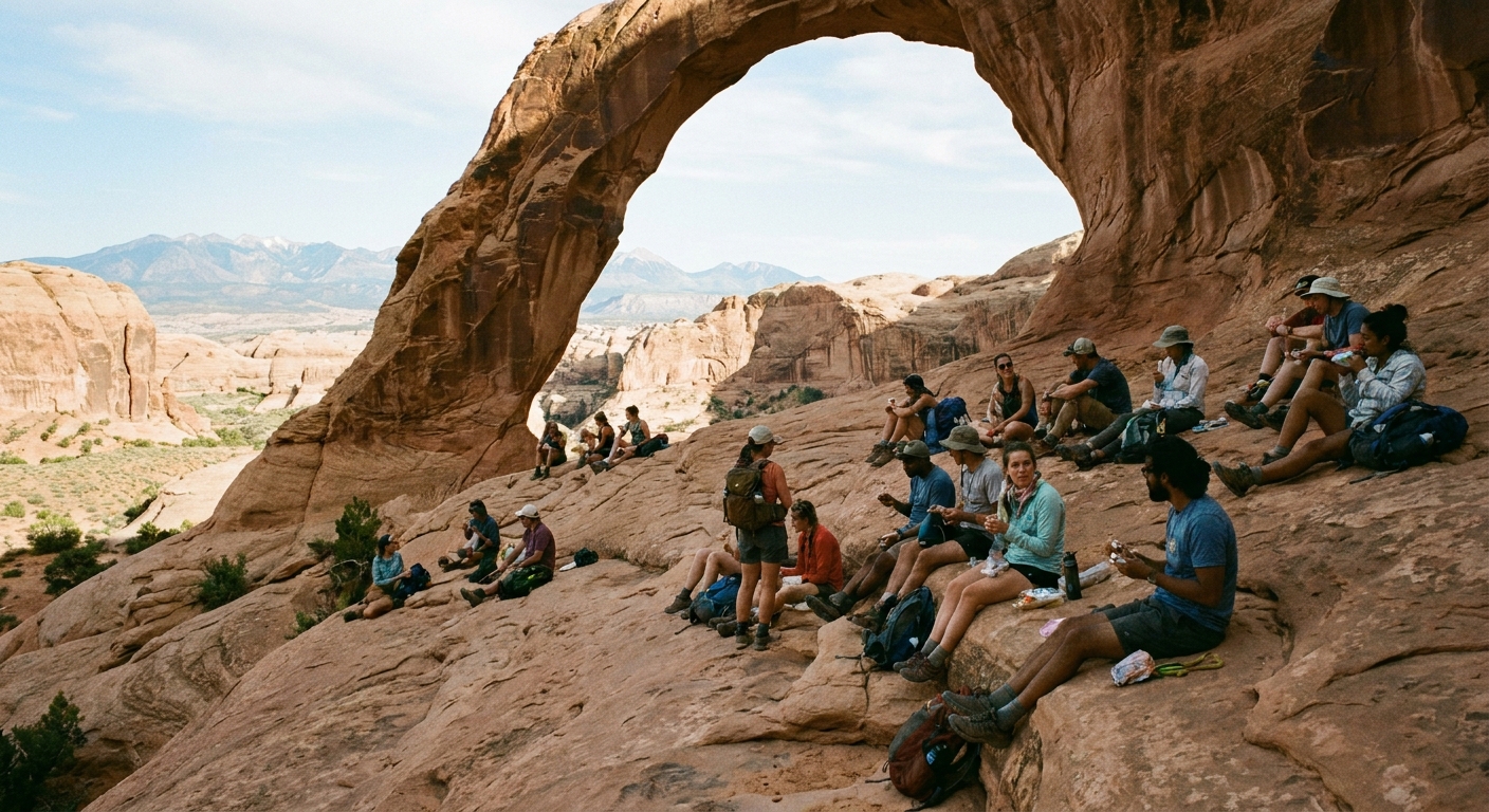 A photograph of hikers sitting on slickrock in the natural amphitheater below Corona Arch near Moab, with the arch towering overhead