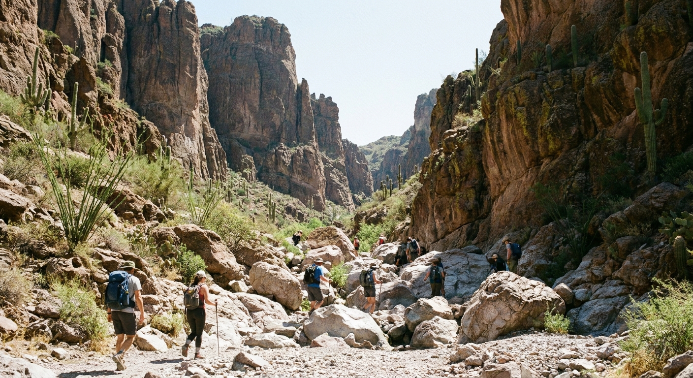 A photograph of hikers walking up the rocky wash of Siphon Draw in Lost Dutchman State Park, with steep Superstition Mountain walls and scattered boulders under bright desert sun