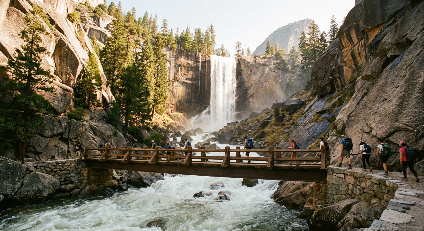 A photograph of the Vernal Fall footbridge crossing the Merced River with Vernal Fall visible upstream, hikers on the bridge, and sunlit granite cliffs