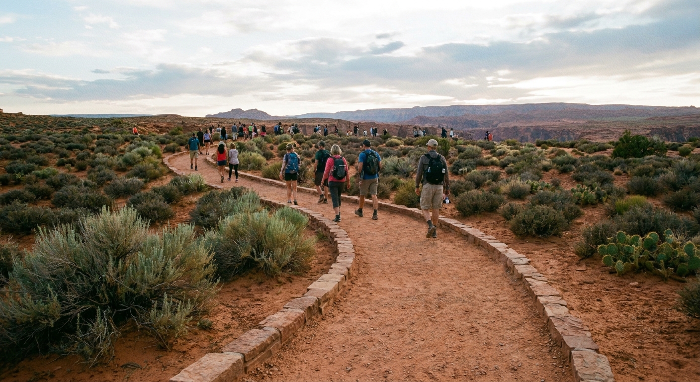 A photograph of the improved, hardened walking path leading to the Horseshoe Bend overlook near Page, Arizona, with desert shrubs along the route and visitors walking toward the viewpoint