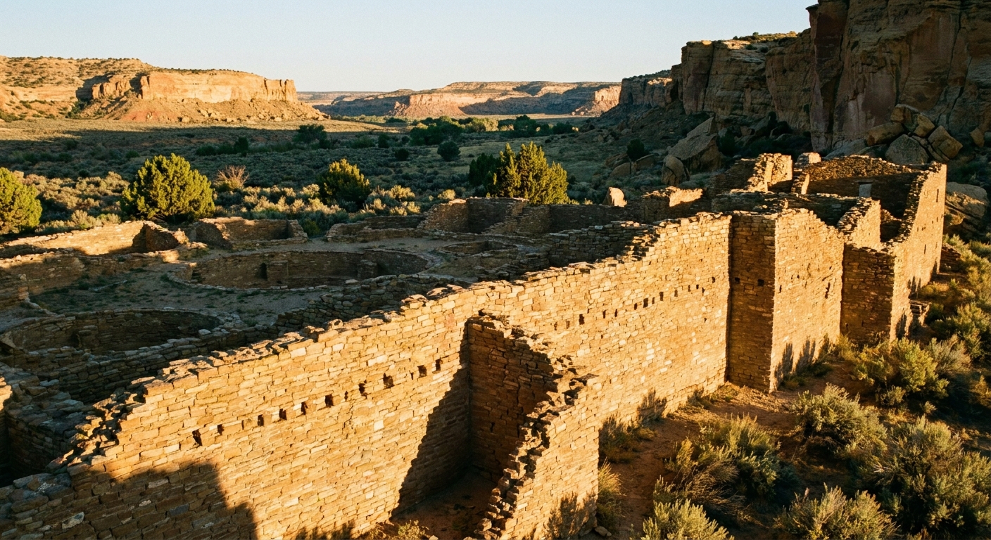 A photograph of the sandstone walls of Pueblo Bonito at Chaco Culture National Historical Park lit by warm late-afternoon sunlight with long shadows