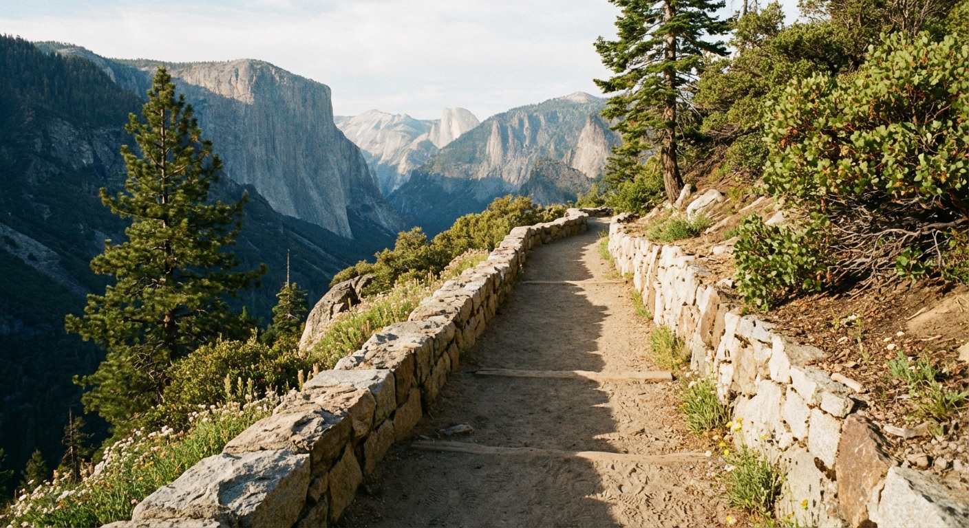 A photograph on the Four Mile Trail showing a narrow dirt path with stone retaining walls and expansive views across Yosemite Valley, with El Capitan visible in the distance