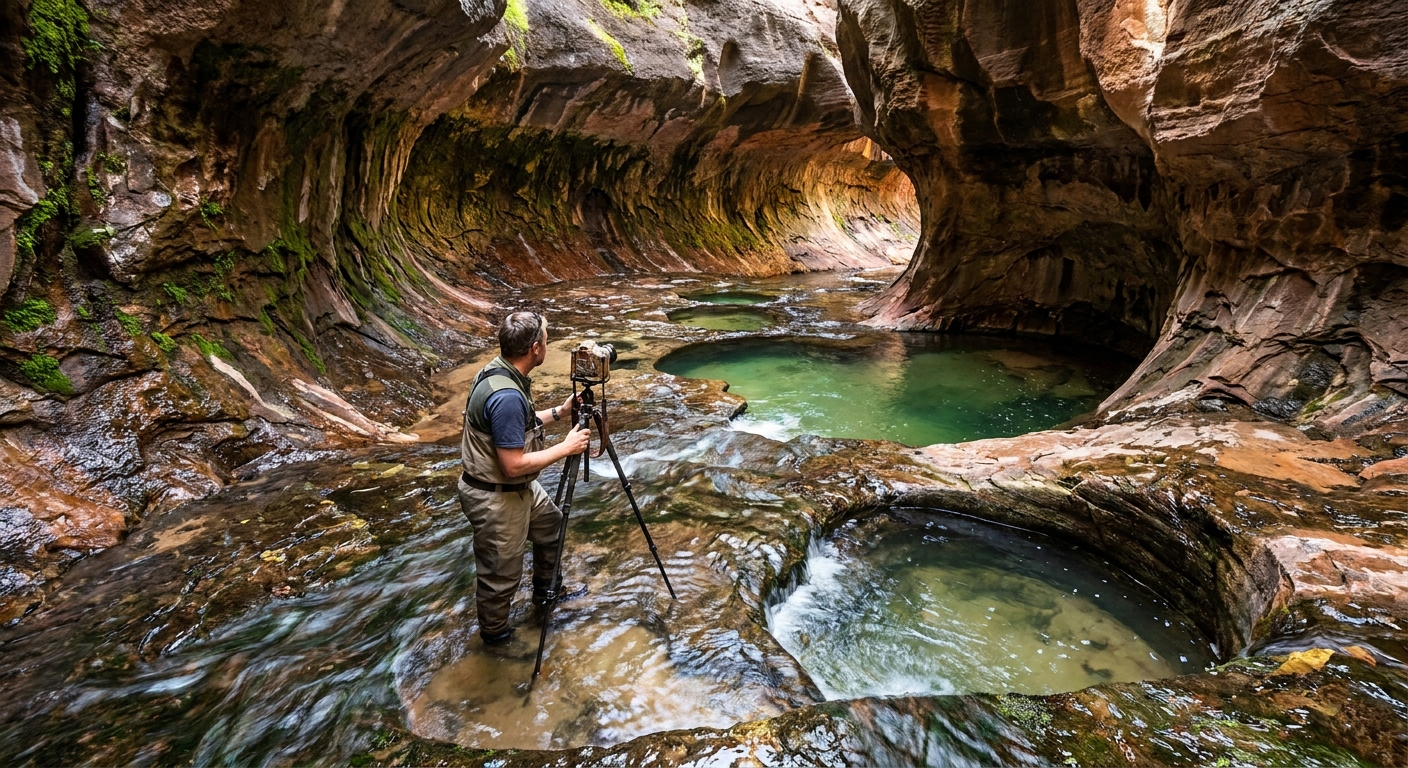 A photographer standing in shallow flowing water inside the Subway canyon in Zion National Park with a tripod set on slickrock, respectful distance from pools