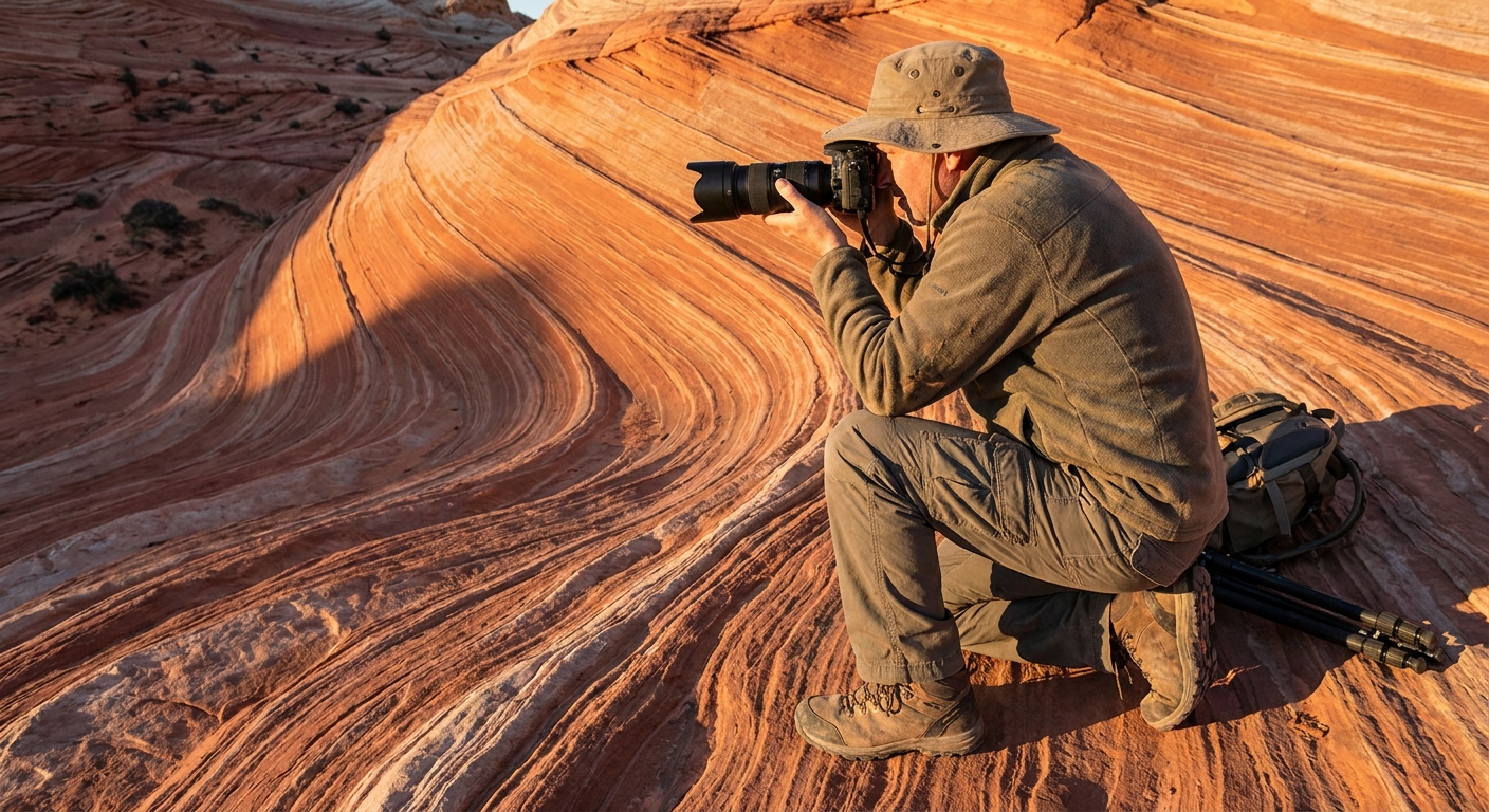 A photographer wearing a sun hat and hiking shoes standing carefully on smooth sandstone at White Pocket, Arizona, holding a camera at golden hour