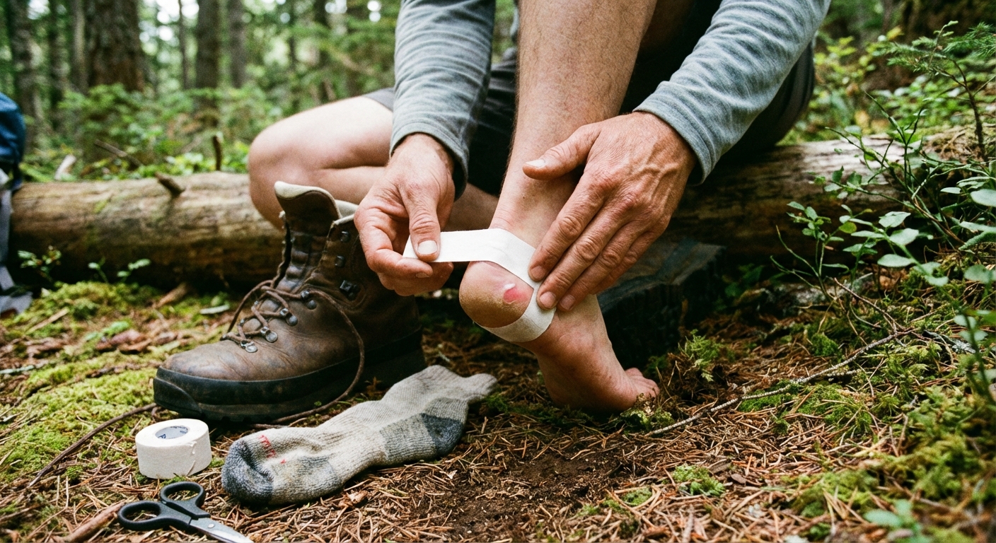 A photorealistic close-up of a hiker applying white athletic tape to the back of their heel while sitting on a forest trail, with a boot and sock placed beside them