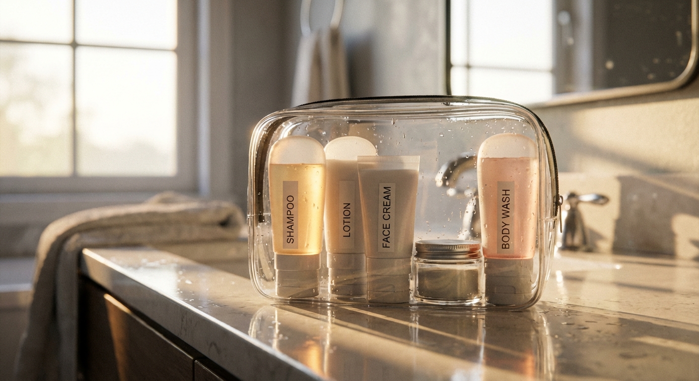 A photorealistic close-up of refillable travel toiletry bottles and a small jar arranged inside a clear zip pouch on a hotel bathroom counter, soft morning light, realistic texture and reflections