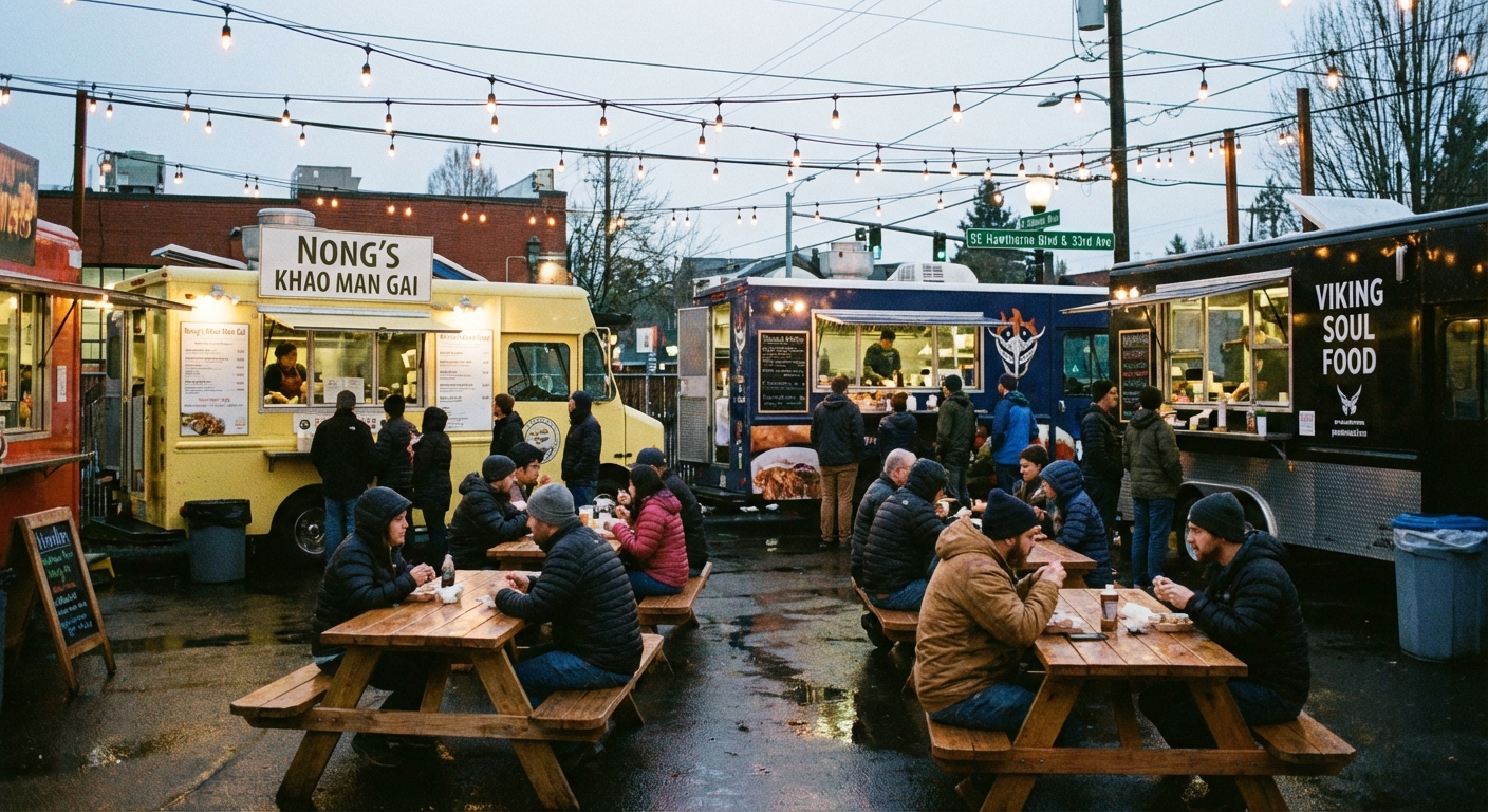 A photorealistic evening scene at a Portland food cart pod with string lights overhead, several food trucks in the background, and people sitting at communal tables eating, travel photography style