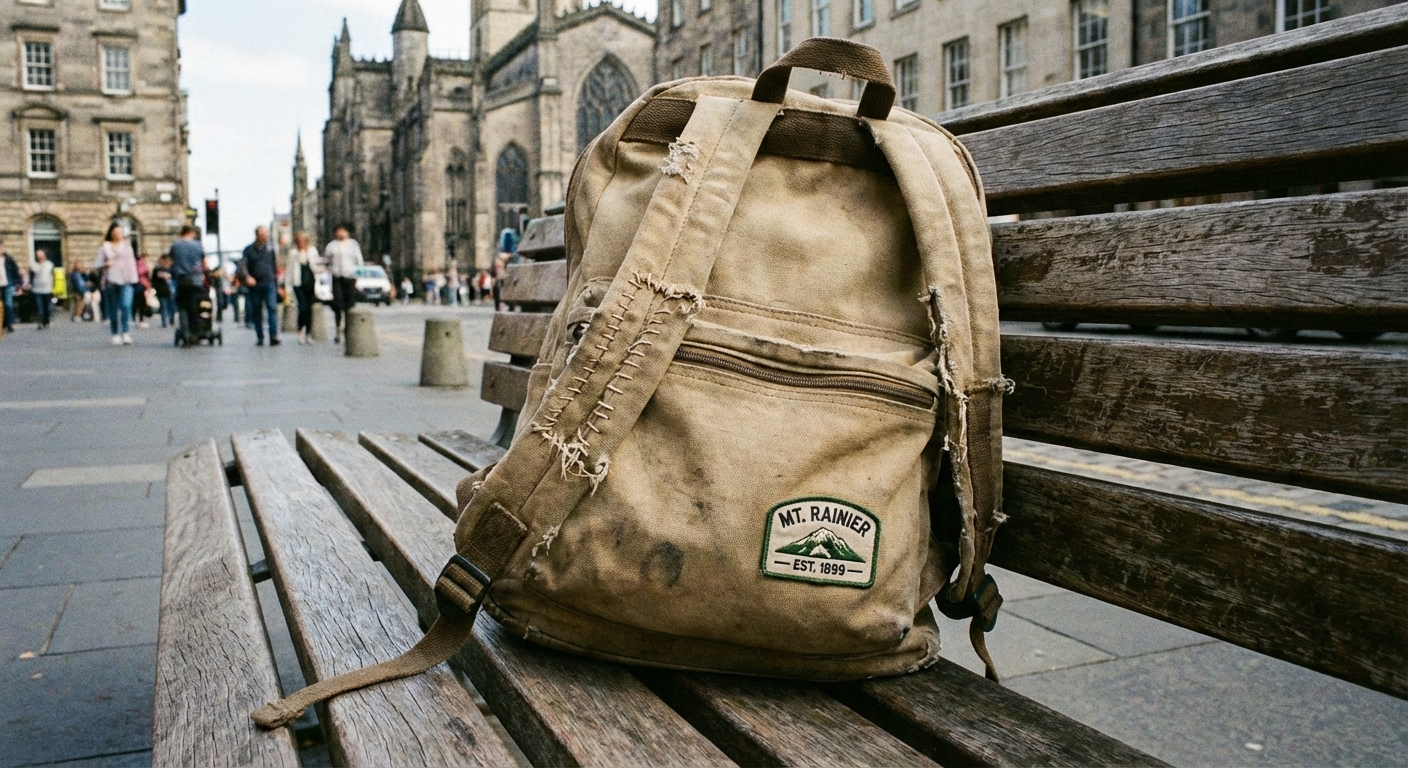 A photorealistic image of a well-used travel backpack on a bench with visible stitched repairs on a strap and a small patch on the fabric, outdoor urban setting, candid documentary style