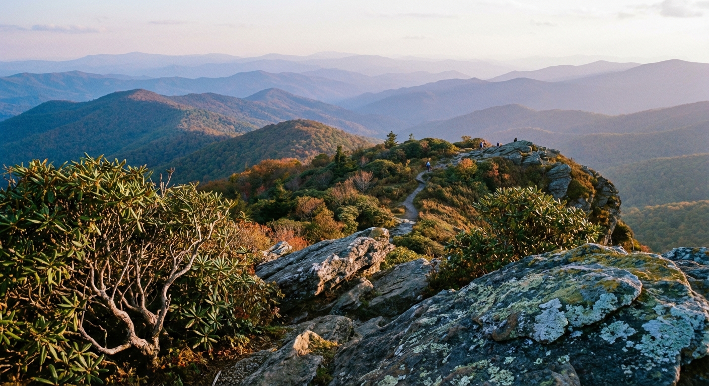 A photorealistic landscape photograph from a rocky overlook on the Craggy Pinnacle Trail near Asheville showing layered Blue Ridge Mountains fading into the distance under soft afternoon light