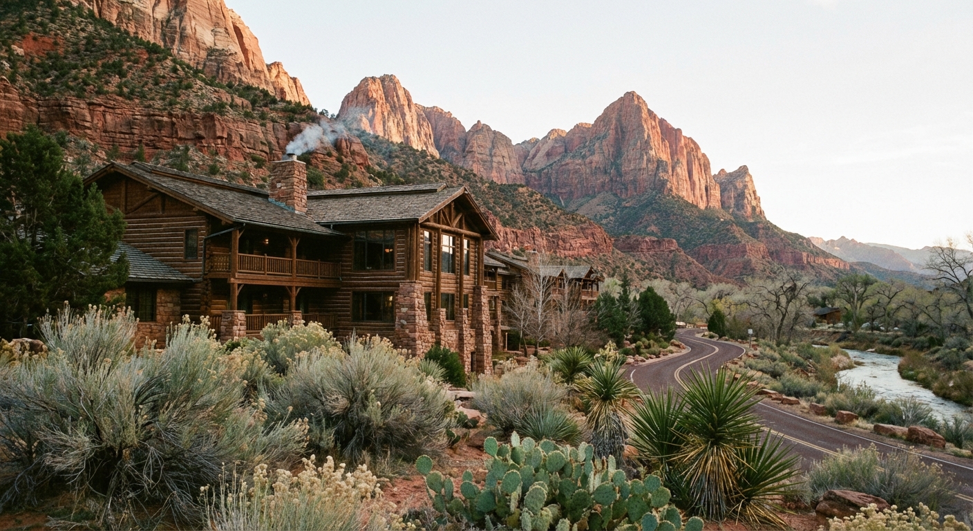 A photorealistic photograph of a lodge-style hotel in Springdale, Utah with desert landscaping in the foreground and towering red cliffs behind it under soft evening light