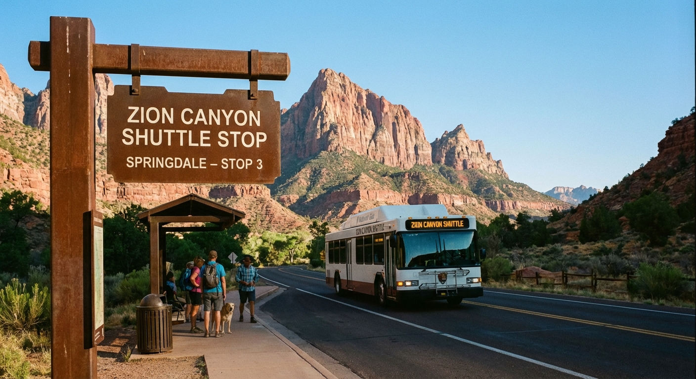 A photorealistic photograph of a shuttle stop sign in Springdale, Utah with a shuttle bus approaching and red canyon cliffs in the background on a clear morning