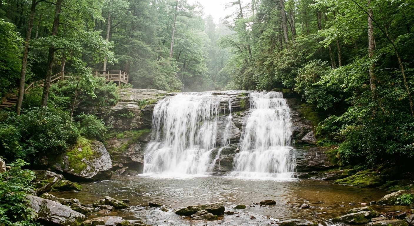 A photorealistic photograph of a wide waterfall in DuPont State Recreational Forest with water cascading over a rock ledge into a shallow pool, surrounded by green forest, taken in natural light