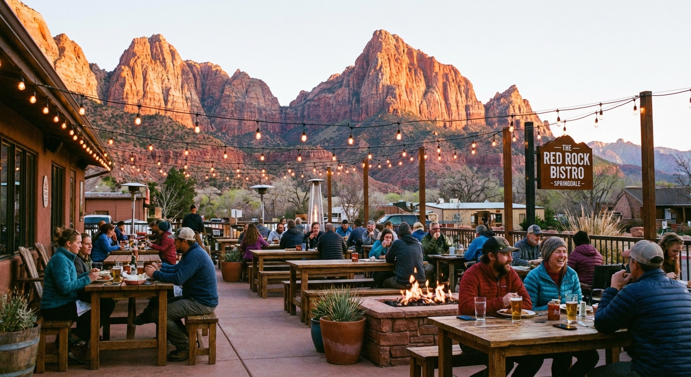 A photorealistic photograph of an outdoor restaurant patio in Springdale, Utah at sunset with diners in casual hiking clothes, warm string lights, and red rock cliffs in the distance