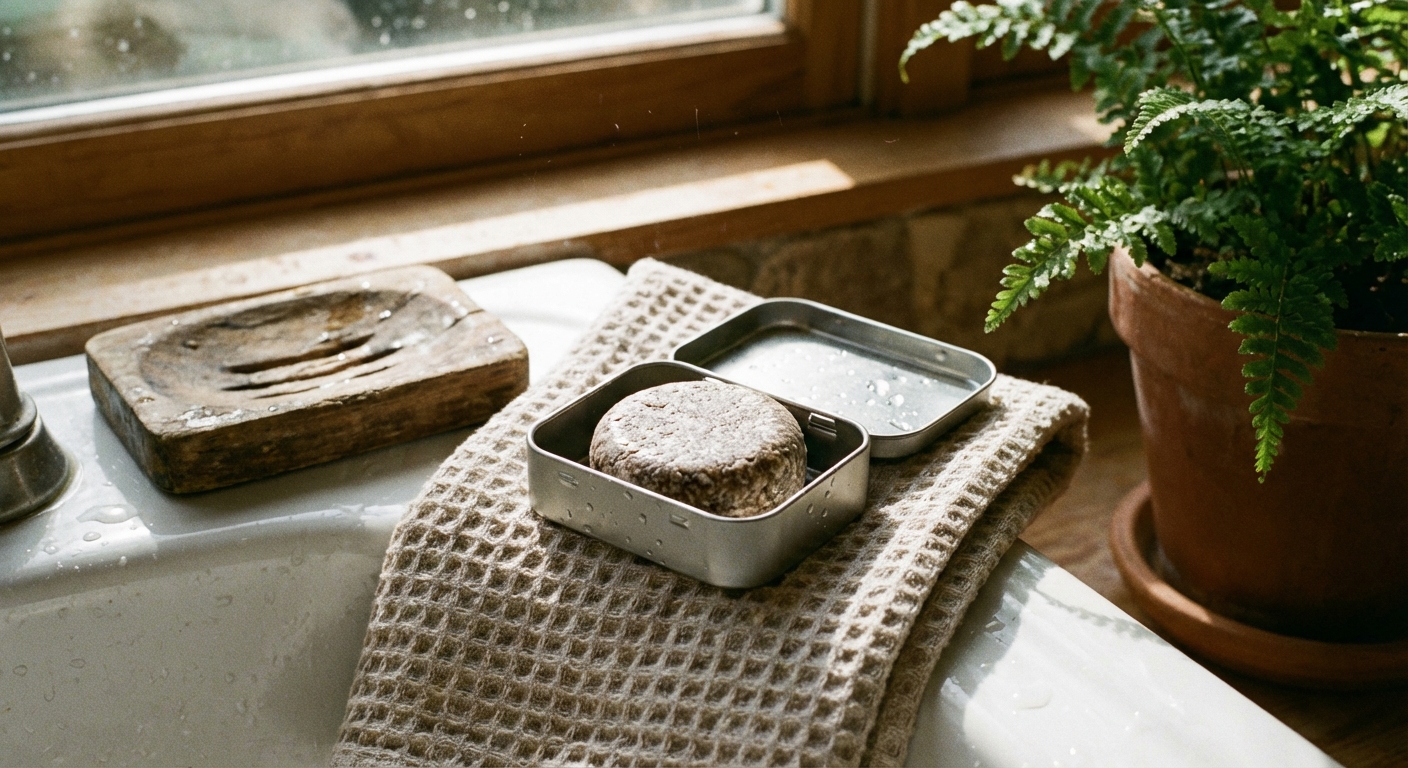 A photorealistic scene of a solid shampoo bar resting in an open metal travel tin on a towel next to a sink, water droplets visible, natural bathroom lighting