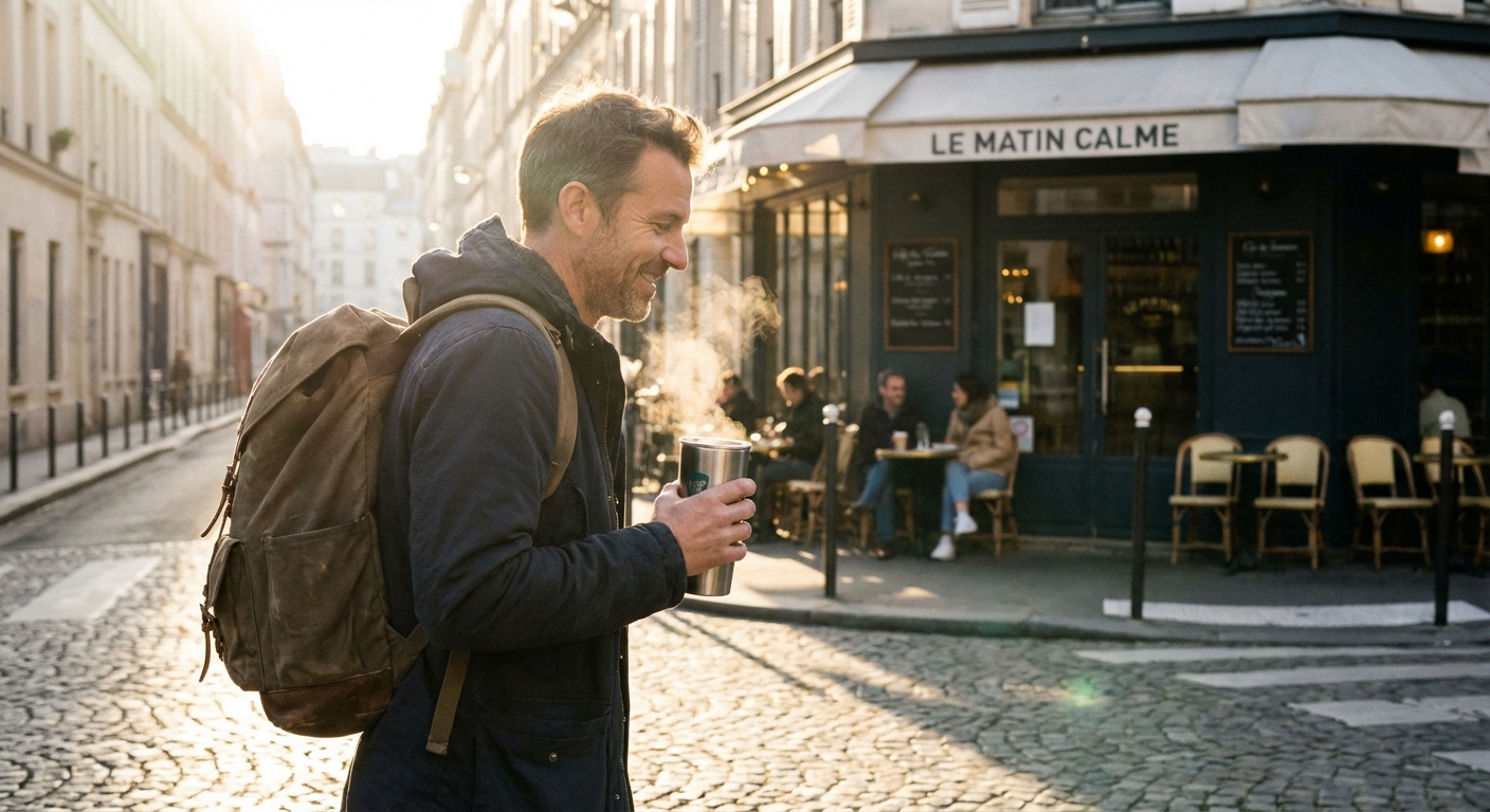 A photorealistic street scene of a traveler holding a reusable coffee cup while walking past a small neighborhood cafe, early morning light, shallow depth of field