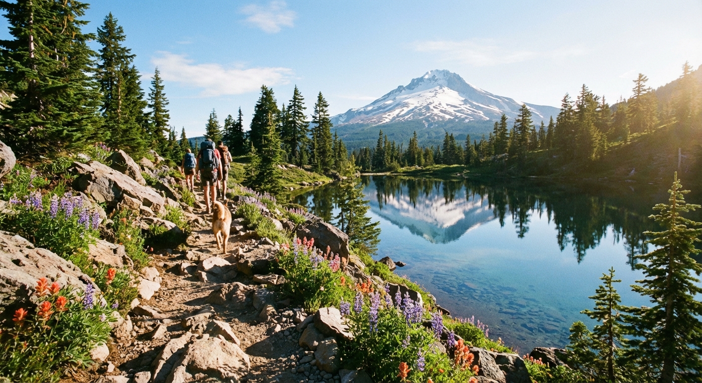 A photorealistic summer hiking scene near Mount Hood with a rocky trail leading toward a clear alpine lake and Mount Hood reflected in the water, bright morning light, travel photography style