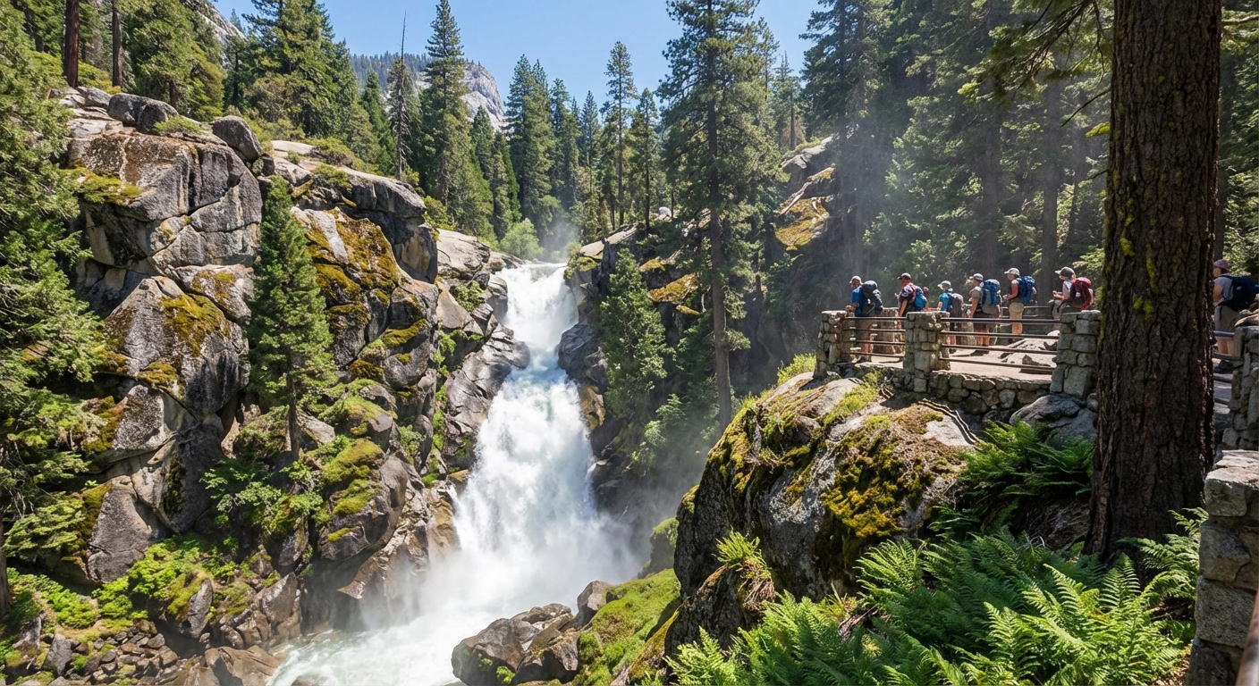 A powerful waterfall rushing between granite rocks in a mountain forest, with hikers standing at a safe viewpoint in the distance, bright midday light, photorealistic