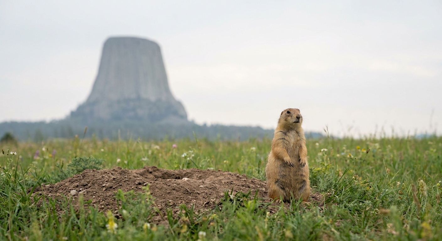A prairie dog standing upright beside its burrow in green grass at Devils Tower National Monument with the tower faintly visible in the distance, wildlife travel photography