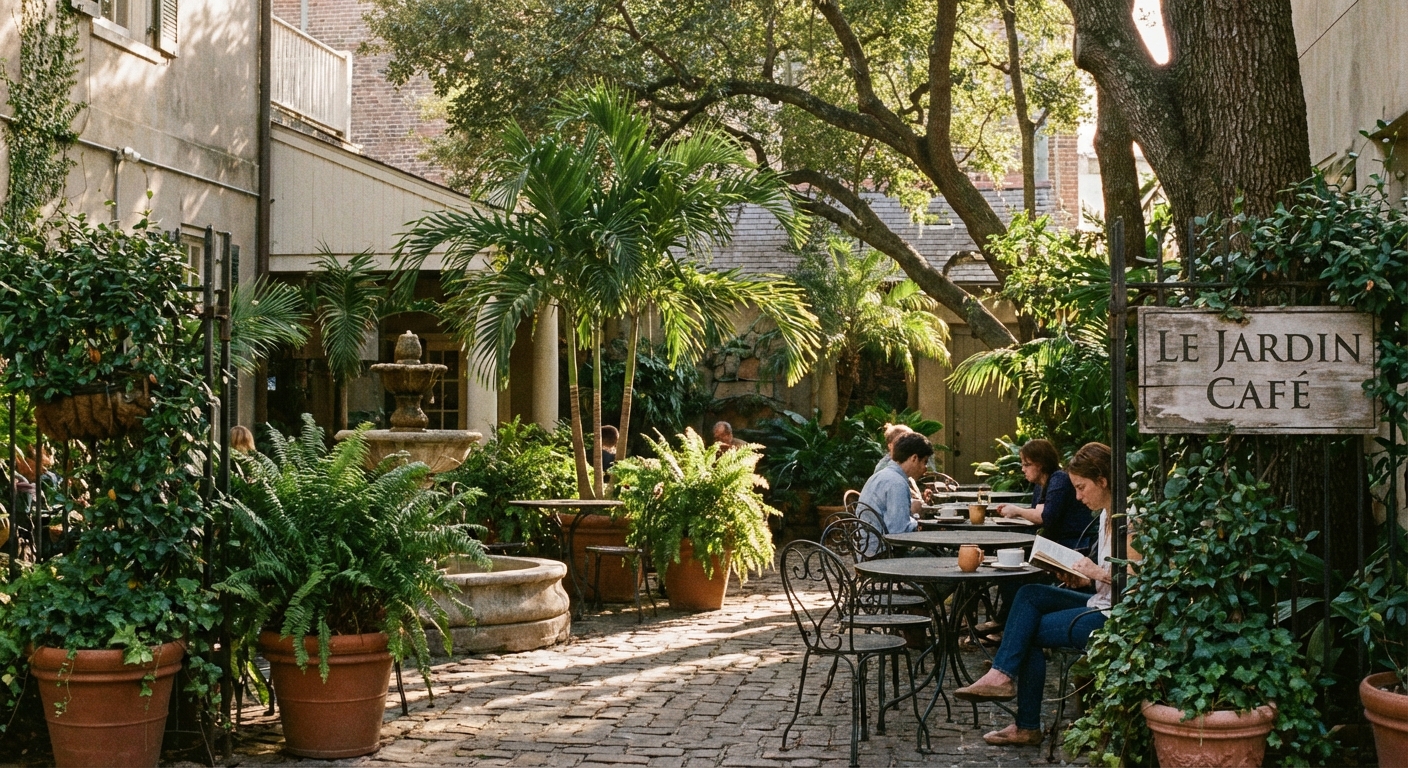 A quiet New Orleans courtyard coffee shop with wrought-iron chairs, potted plants, and soft afternoon light, real travel photography style
