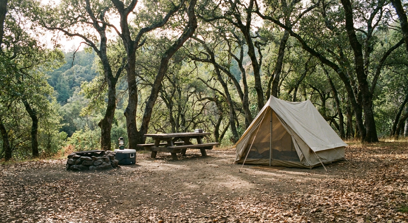 A quiet campsite at William Heise County Park with a picnic table under tall oak trees and a tent set up on packed dirt