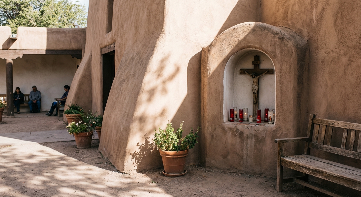 A quiet courtyard at El Santuario de Chimayó with adobe walls, soft shadows, and devotional candles near a small religious niche, real travel photography style