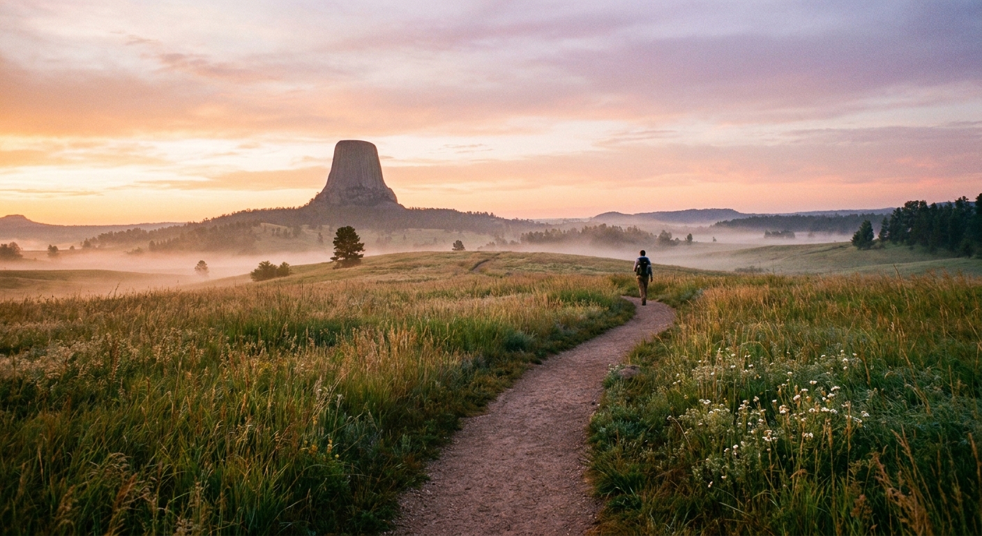 A quiet dirt path through prairie grass at Devils Tower National Monument in early morning light with the tower rising far in the background, peaceful travel photography