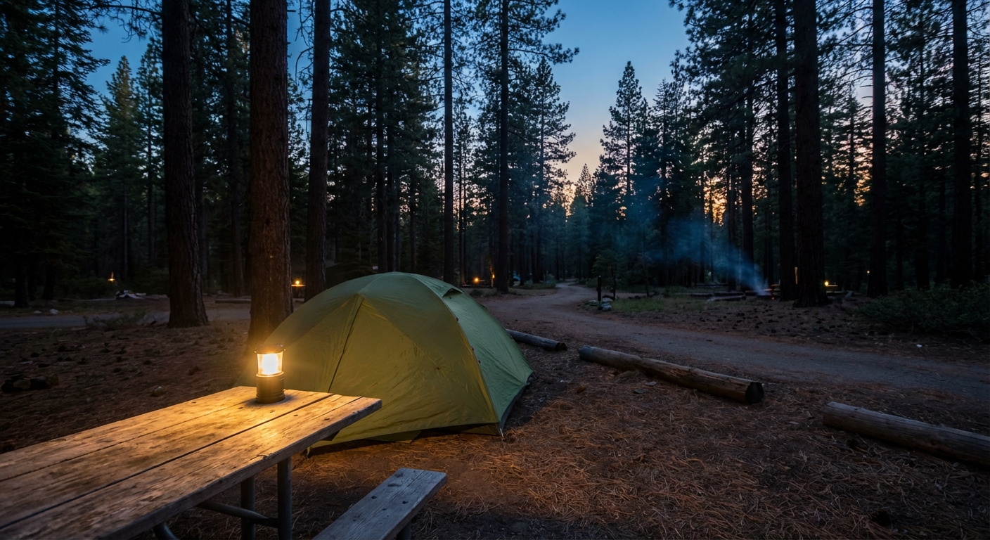 A quiet national park campground at dusk with a small tent set up beside a picnic table and tall pine trees surrounding the site, soft lantern light, photorealistic travel photography