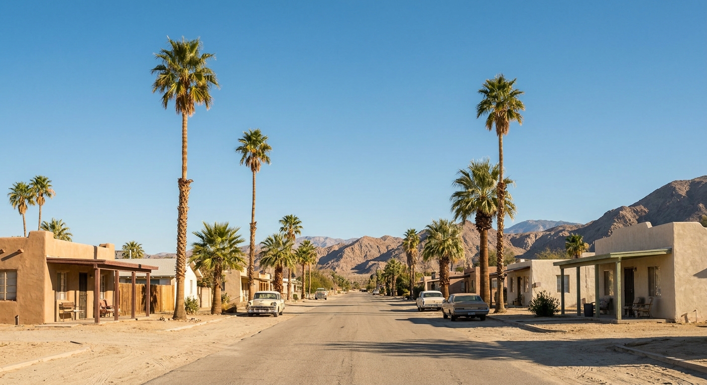 A quiet street in Borrego Springs lined with palm trees and low desert buildings under a bright blue sky, realistic travel photography