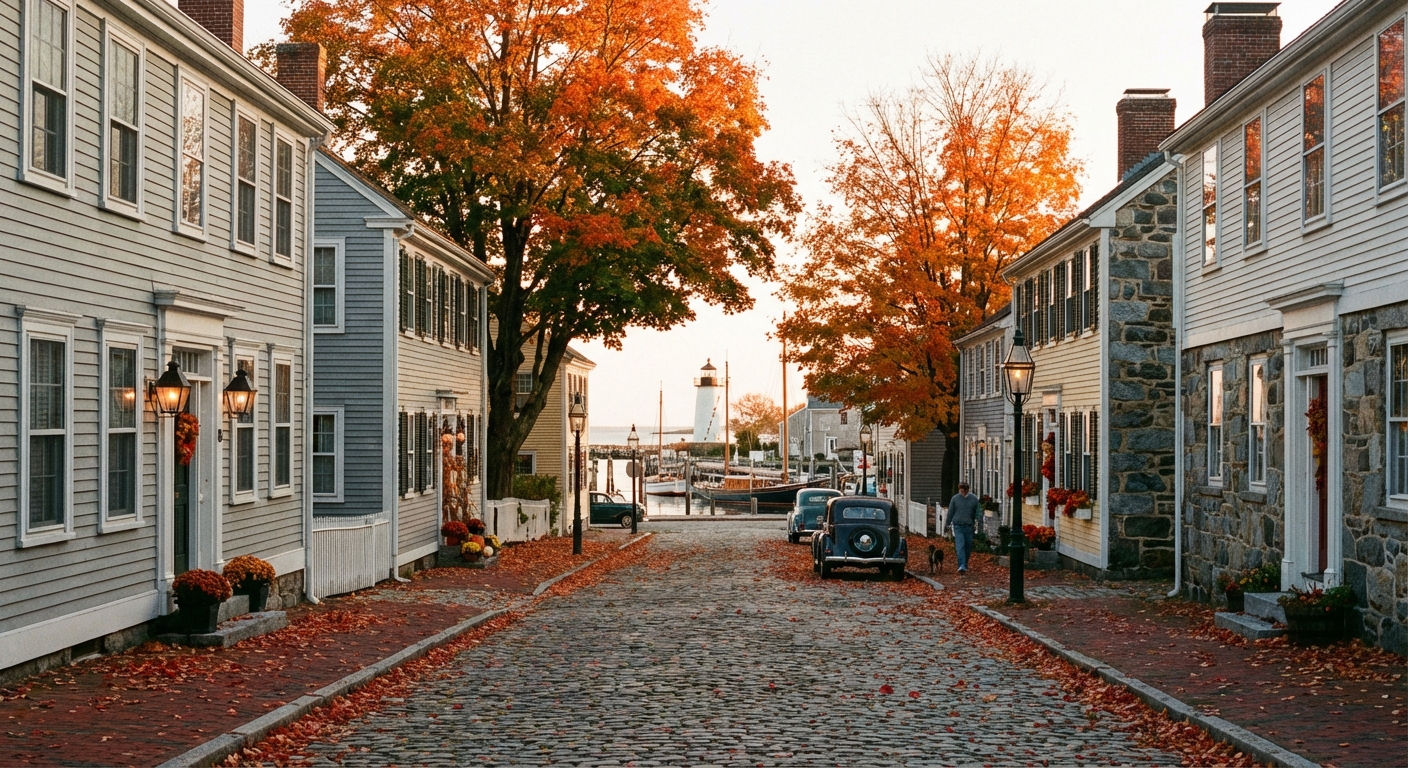 A quiet street in Stonington Borough, Connecticut with historic homes, a small harbor visible at the end of the road, and trees with red and orange leaves under soft fall light, photorealistic travel photography