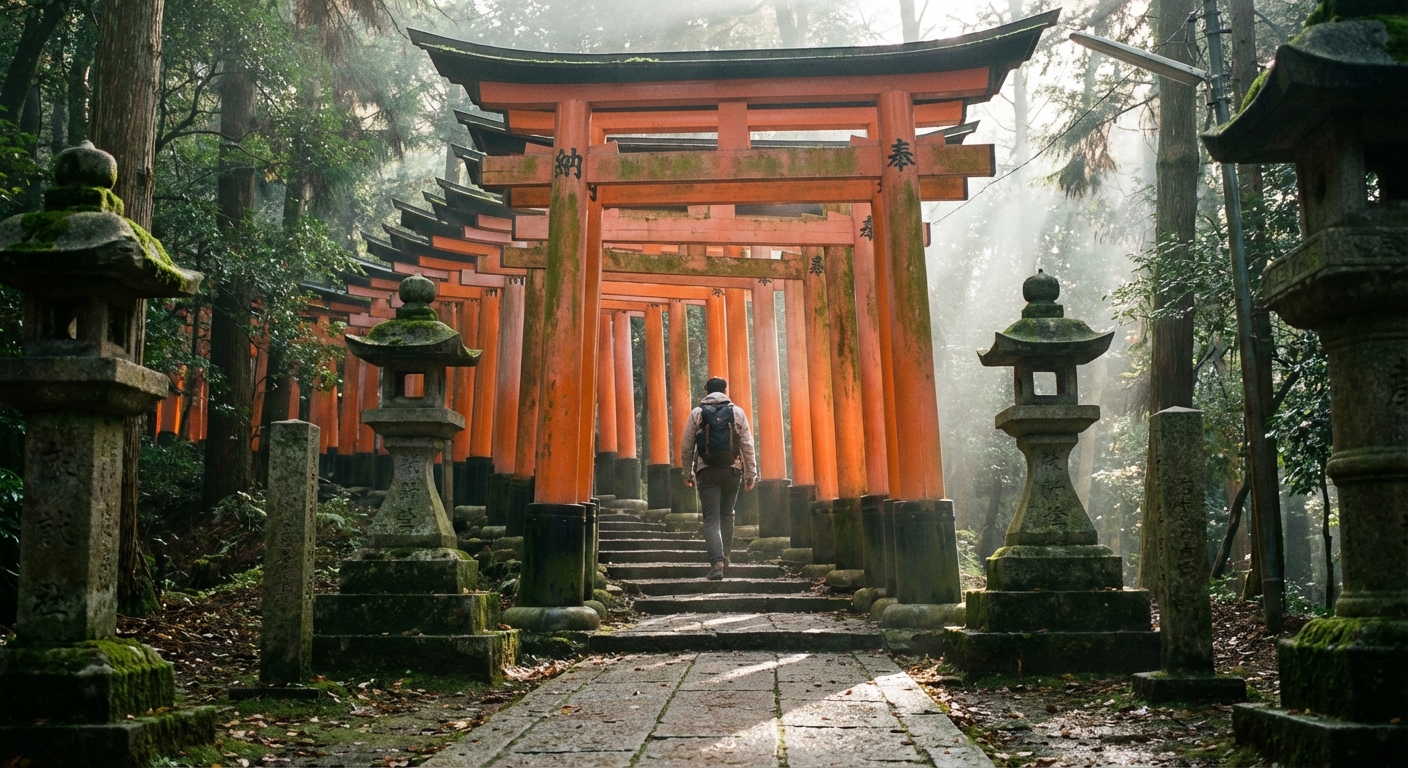 A quiet stretch of the Fushimi Inari shrine path with red torii gates forming a tunnel, a single traveler walking uphill, soft morning light filtering in, and stone lanterns along the side, photorealistic travel photography