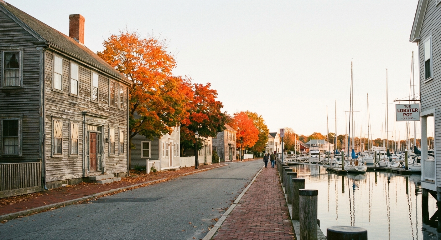 A quiet waterfront street in Bristol, Rhode Island with historic clapboard buildings, early autumn trees with orange leaves, and sailboats in a marina under soft afternoon light, photorealistic travel photography