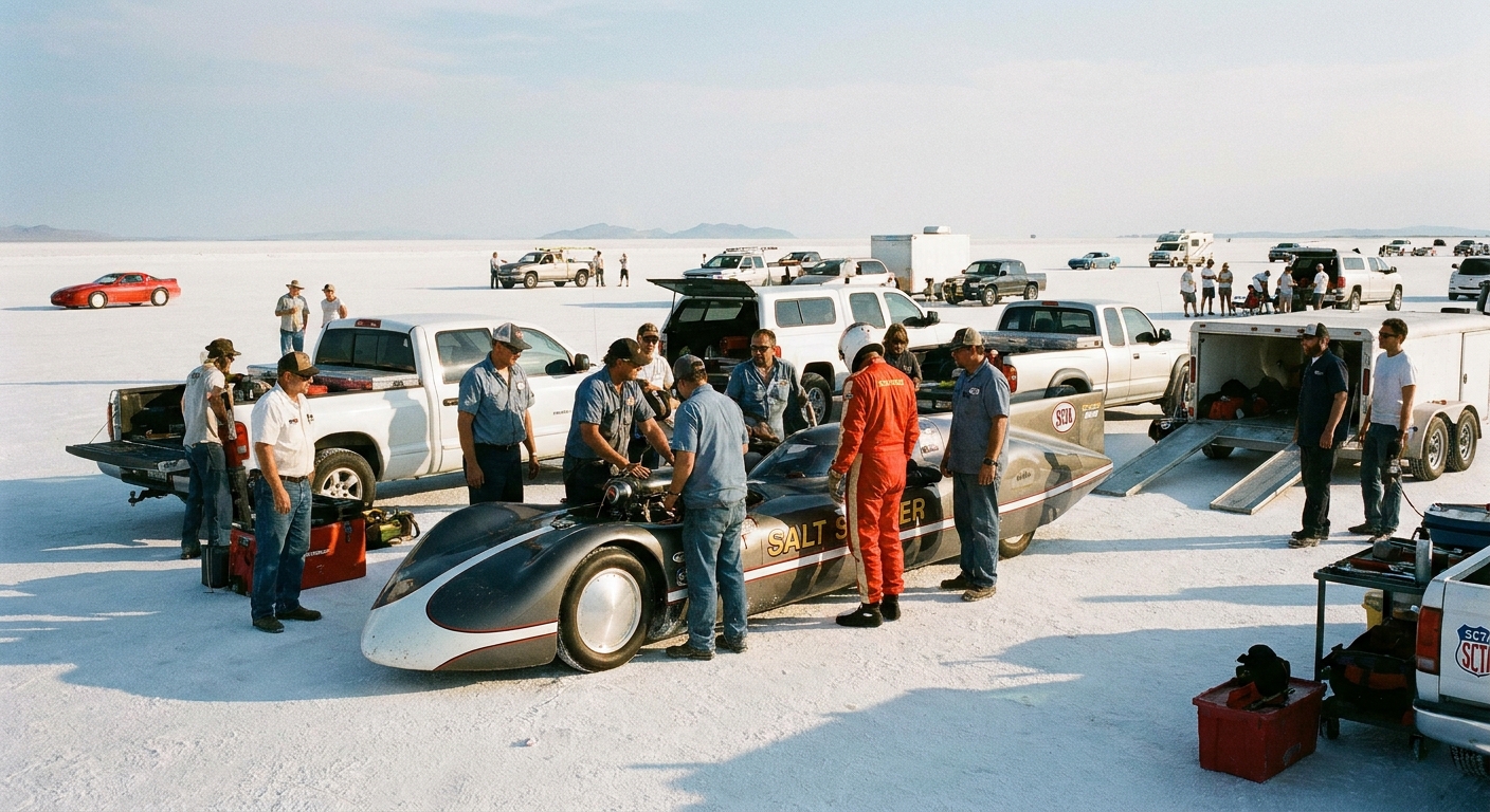 A race vehicle and support crew on the Bonneville Salt Flats during a land speed racing event, with the white salt stretching to the horizon, real event photography style