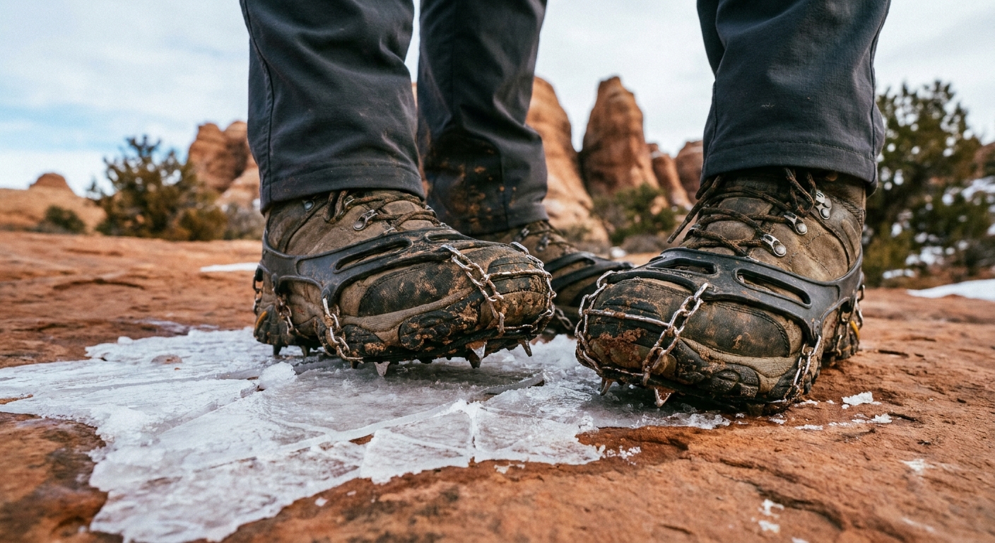 A real close-up photograph of a hiker's boots fitted with microspikes standing on red slickrock with a thin patch of ice in Arches National Park