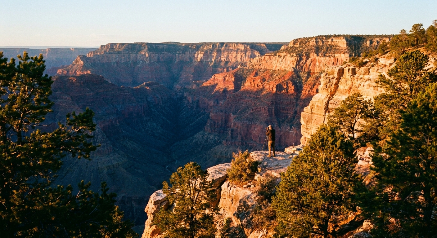 A real golden hour photograph from the North Rim showing warm sunlight striking rugged canyon walls while the inner canyon remains in deep shadow