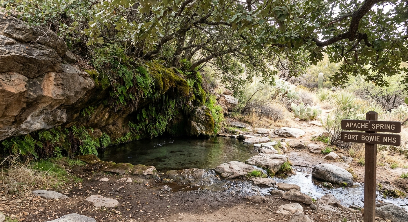 A real-life photograph of Apache Spring at Fort Bowie National Historic Site, showing a small shaded seep with green vegetation and rocks around the water source