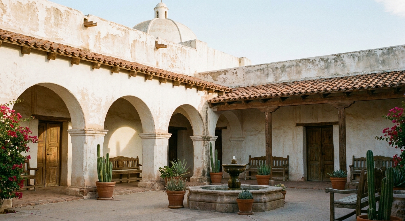 A real-life photograph of a quiet courtyard area at San Xavier del Bac Mission with textured adobe surfaces, arched walkways, and soft desert light