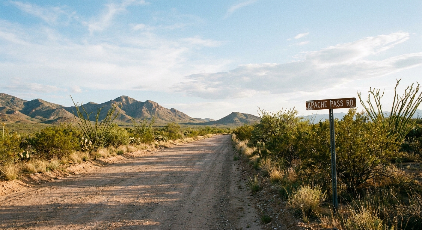 A real-life photograph of a remote desert road in Apache Pass, Cochise County, with low mountains in the distance and sparse vegetation along the roadside