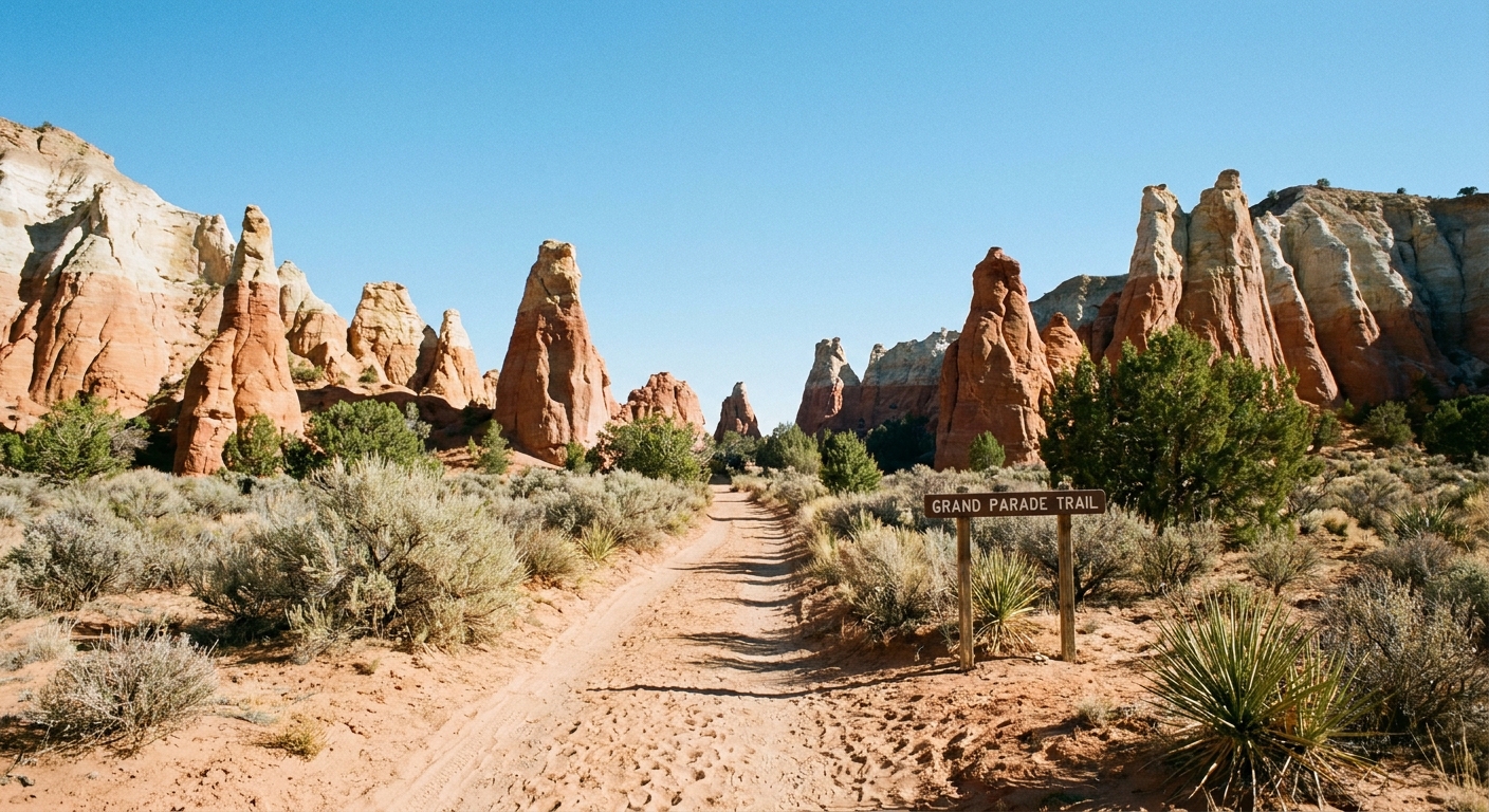 A real-life photograph of a sandy desert trail on the Grand Parade Trail in Kodachrome Basin State Park winding between tall rock spires with sparse shrubs and a clear sky
