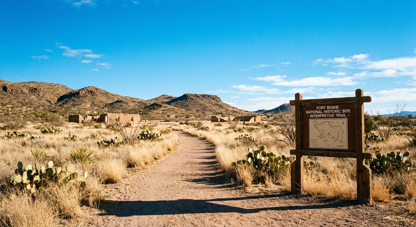 A real-life photograph of the Fort Bowie National Historic Site interpretive trail winding through tan desert grasses toward low hills, with a trail sign visible and the sky bright blue