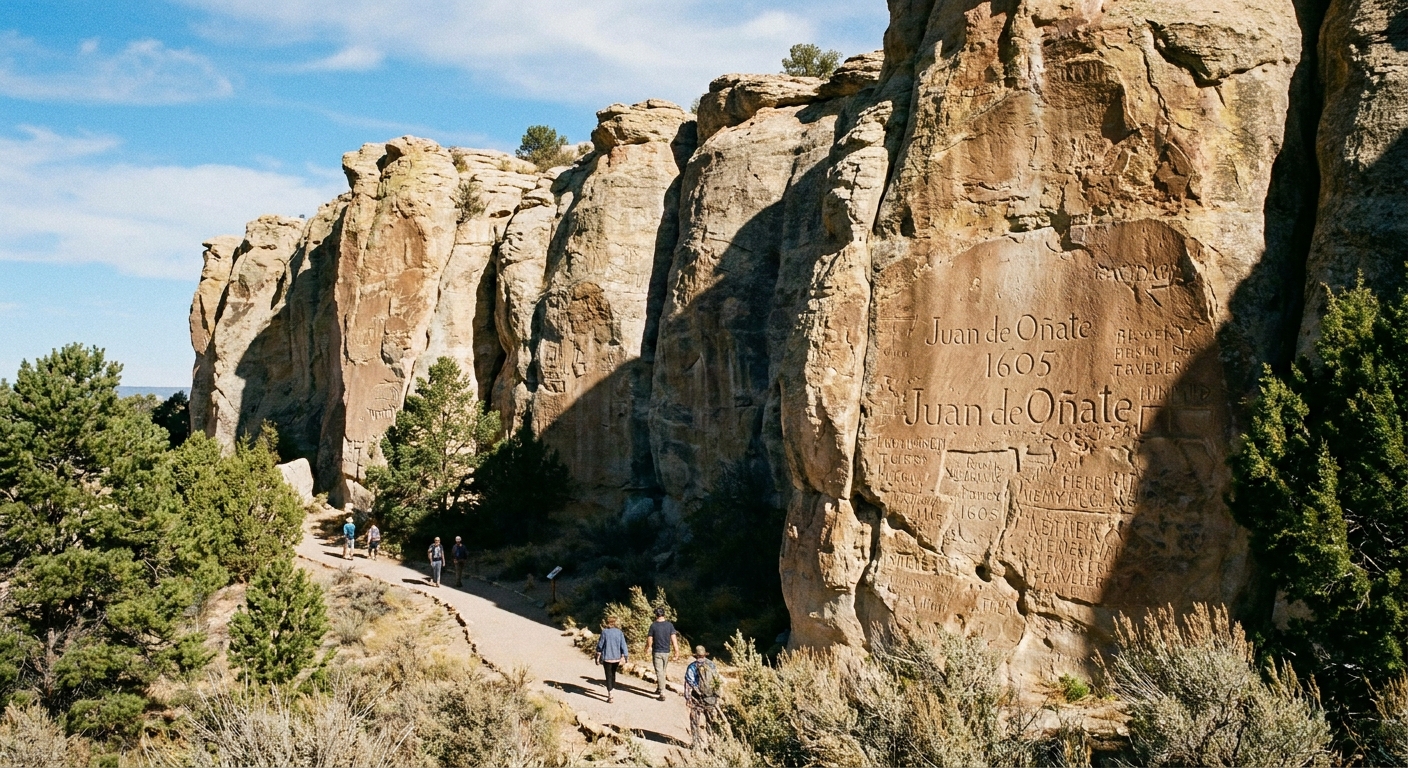 A real-life photograph of the tall sandstone face of Inscription Rock at El Morro National Monument, showing the textured cliff and the walking path below in bright New Mexico daylight