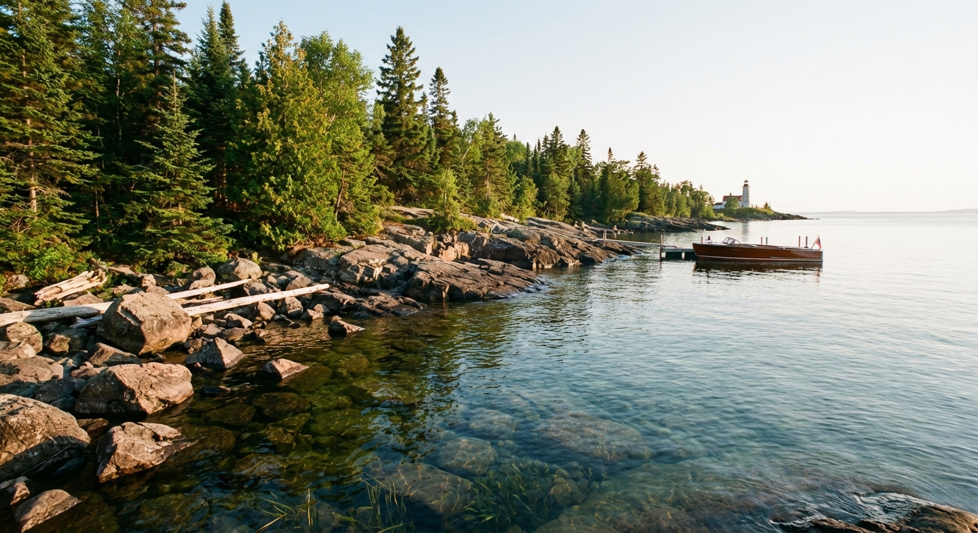 A real-life summer photograph of the Rock Harbor shoreline on Isle Royale National Park with clear water, rocky coastline, and evergreen trees under soft evening light
