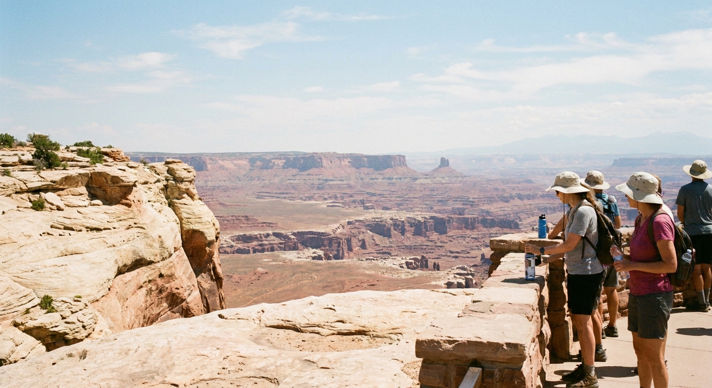 A real midday summer photograph at an Island in the Sky overlook with bright sun, pale sandstone, and heat haze softening the distant canyon layers