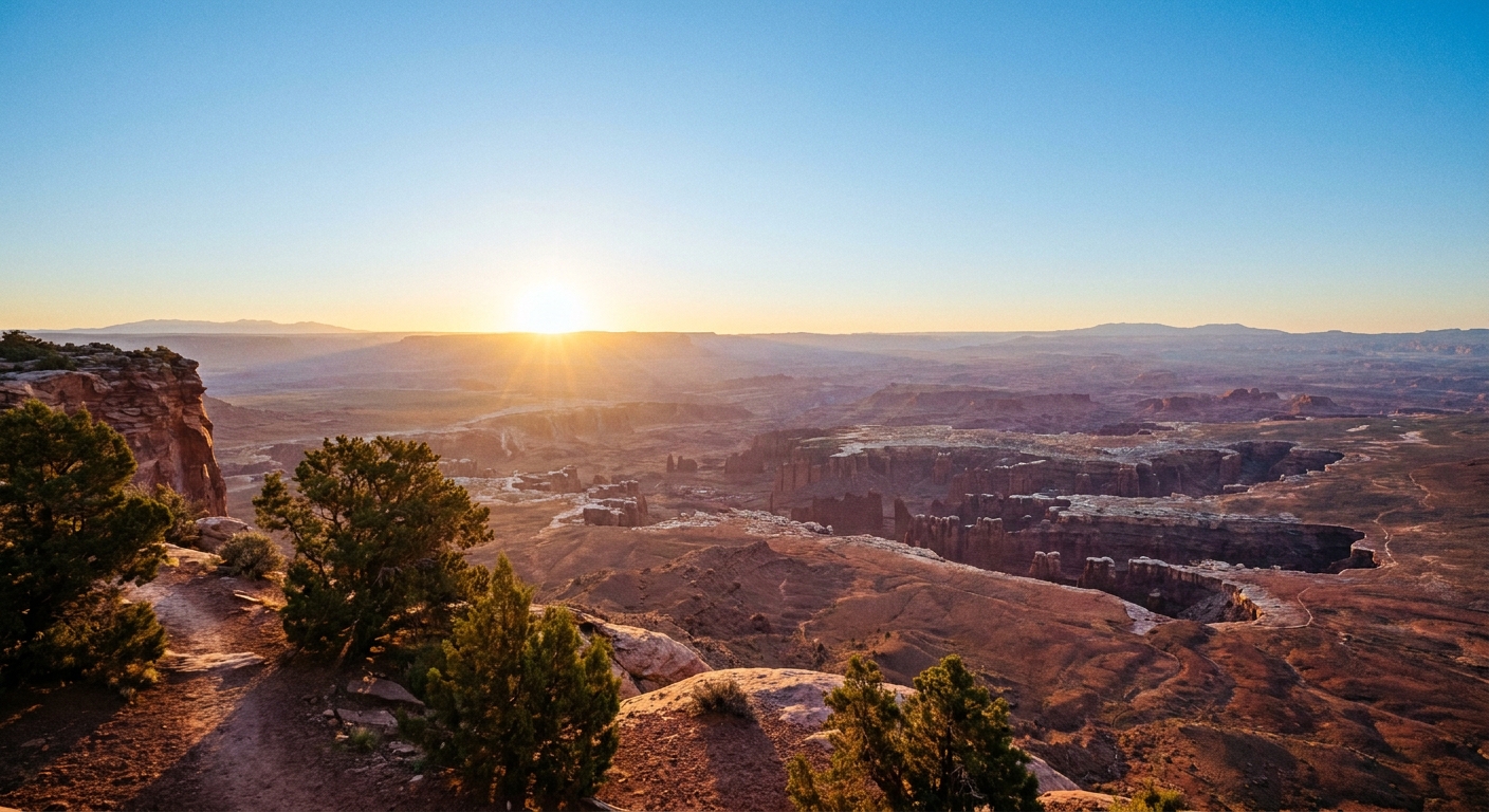 A real morning photograph from Grand View Point in Canyonlands showing layered canyon vistas with soft sunlight and a clear sky