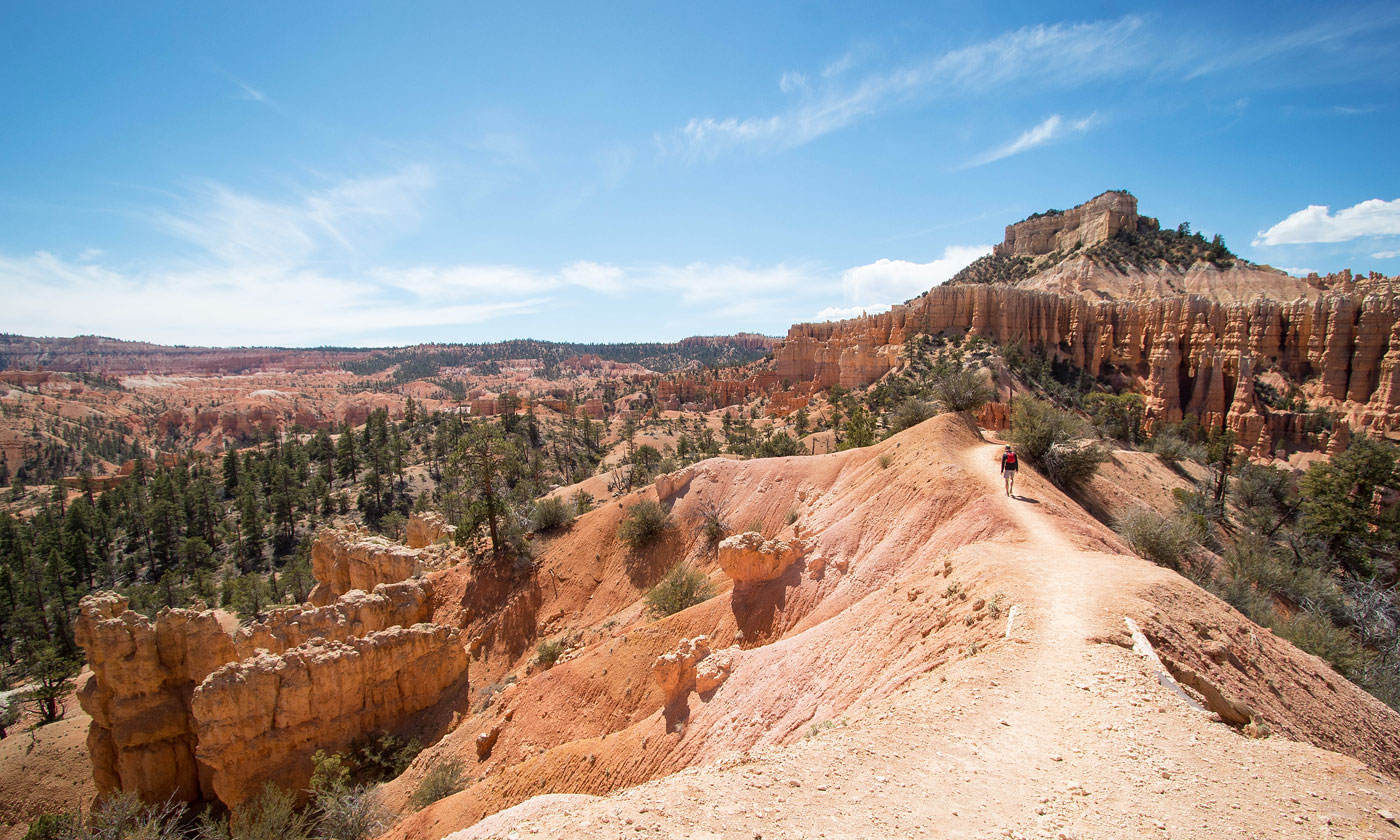 A real panoramic-style photograph from the Fairyland Loop in Bryce Canyon showing a wide field of hoodoos with pine trees and layered cliffs in the distance