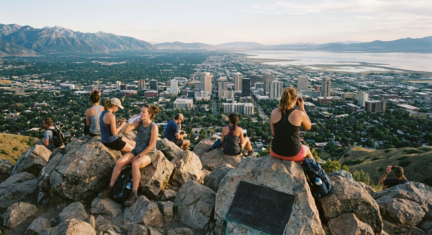 A real photo from Ensign Peak showing a rocky summit viewpoint with Salt Lake City spread below, a few hikers resting near the top